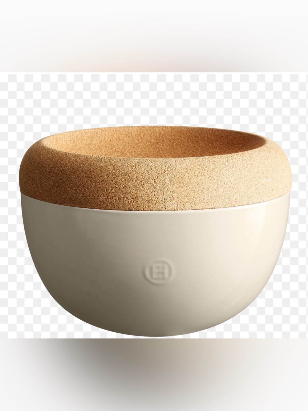 Emile Henry Ceramic Deep Storage Bowl w/cork lid, handcrafted in France. Bisque